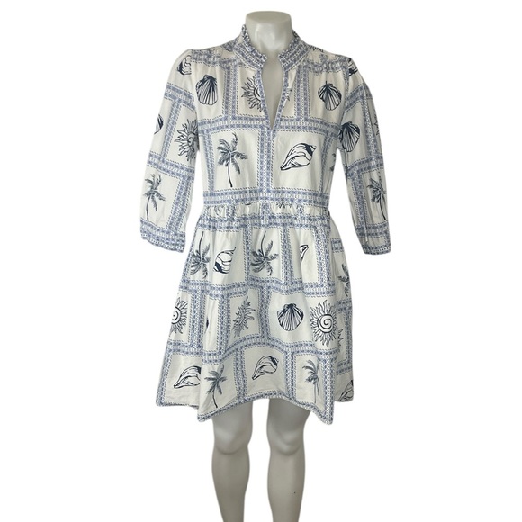 Calypso St. Barth Dresses & Skirts - Calypso St.Barth blue & white cotton shell print 3/4 sleeve Zoe mini dress M